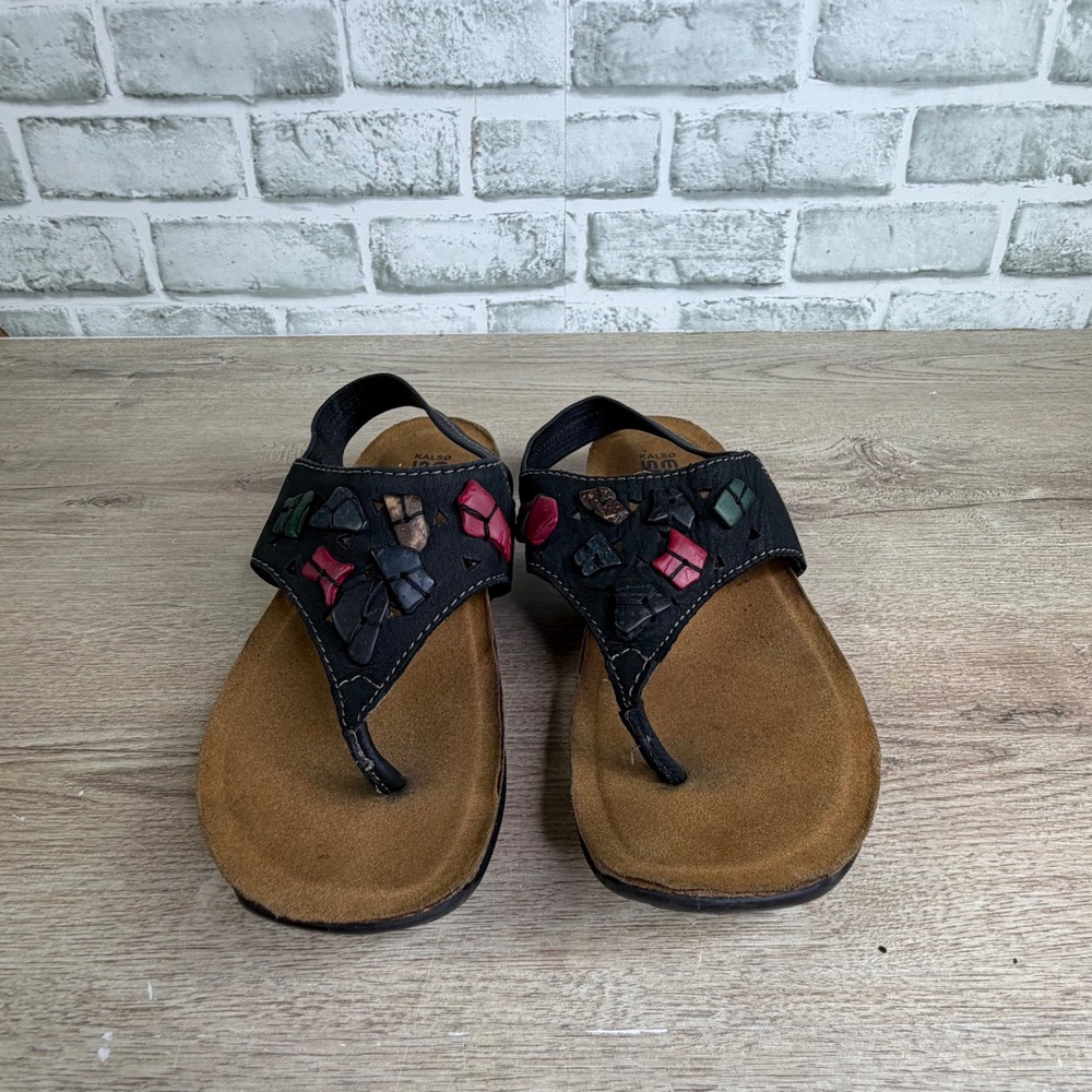 Kalso Earth Shoe Chani Black Leather Thong Slingback Sandals‎ Size 8B